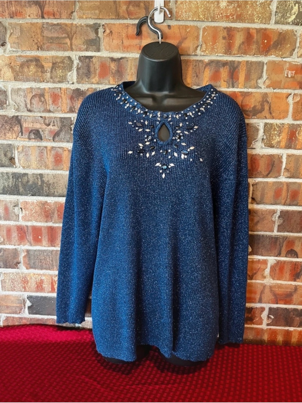 Reba Women’s 3X Plus Size Blue Knit Sweater Beaded Snowflake Dillard McEntire